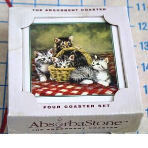 AbsorbaStone Kitten in Basket 4 Piece Coaster Set Laurie Snow Hein C-339 USA